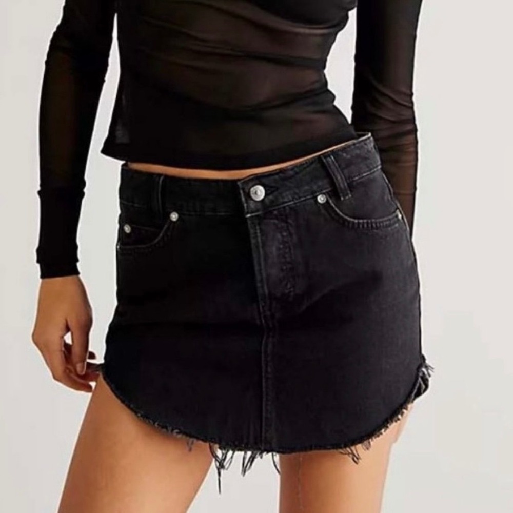 We The Free Free People Black Curved Hem Denim Mini Skirt 8